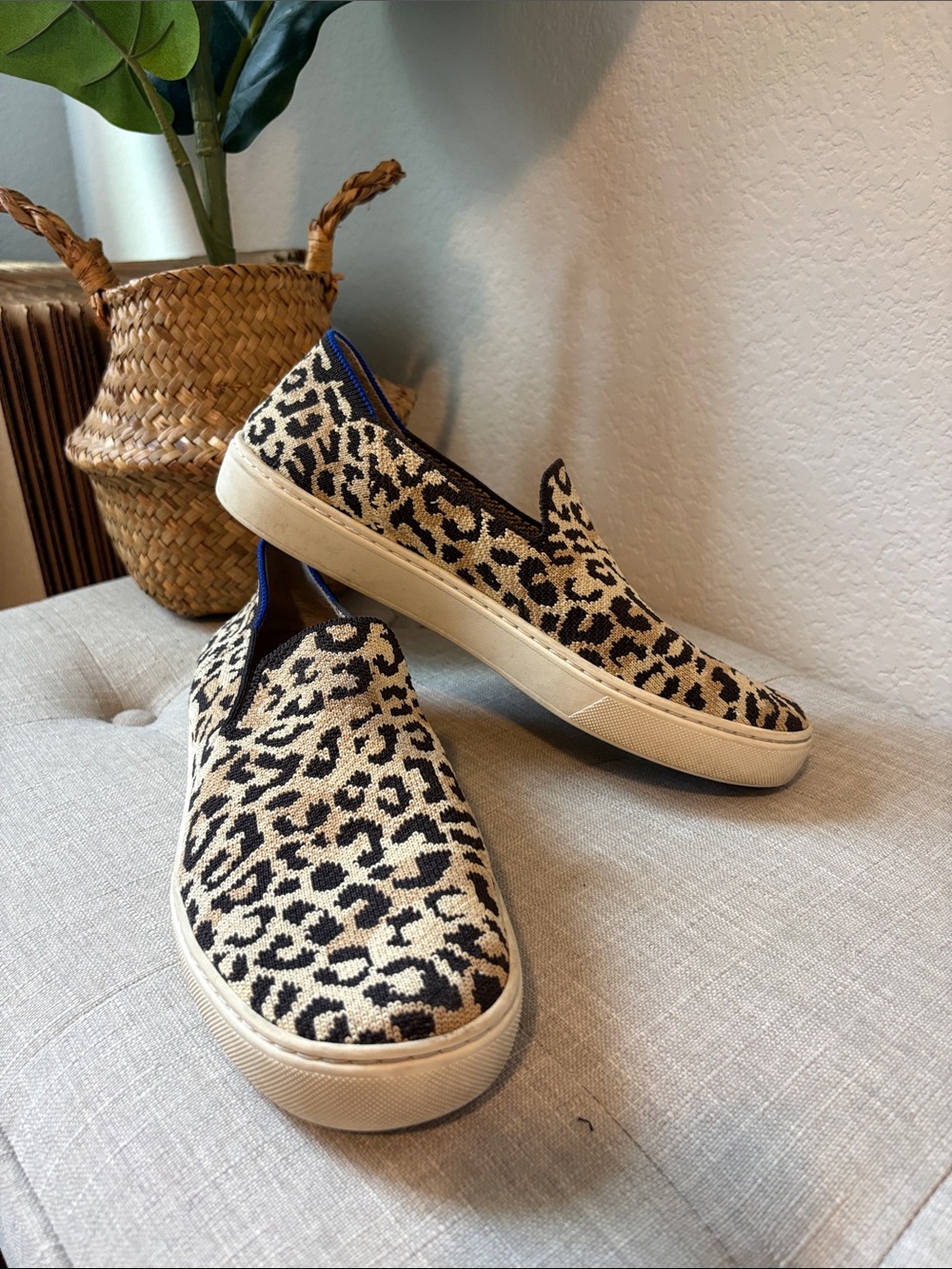 Rothy's Leopard-Print Slip-On Flats in Beige and Black with Blue Trim